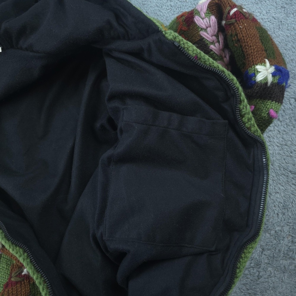 Sweater Womens Medium Green Hooded Wool Knit Embroidered Floral Nepal Boho - Picture 6 of 10